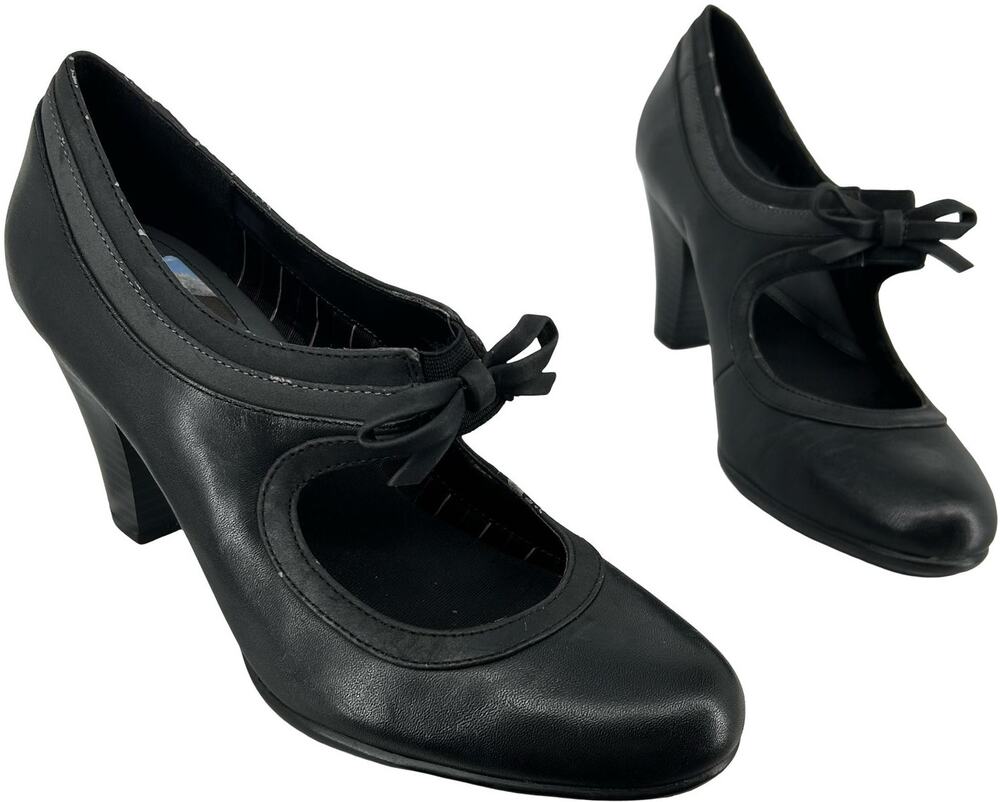 VTG y2k Women's Black Leather Upper Eurostep Phoebe Bow Mary Jane Heel Pumps 7M